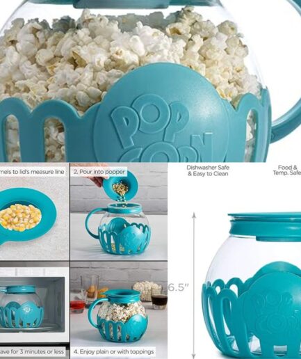 Ecolution Patented Micro-Pop Microwave Popcorn Popper with Temperature Safe Glass, 3-in-1 Lid Measures Kernels and Melts Butter, Made Without BPA, Dishwasher Safe, 3-Quart, Teal