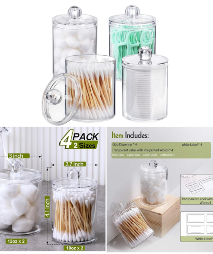 Clear Plastic Apothecary Jar Set for Bathroom Storage - 4 Pack Qtip Holder Dispenser for Cotton Balls, Swabs, Rounds, and Floss Picks - Vanity Makeup Organizer