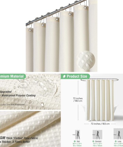 Premium Dynamene Ivory Fabric Shower Curtain - Waffle Textured Heavy Duty Cloth, 256GSM Polyester, 72x72 inches, Cream/Ivor