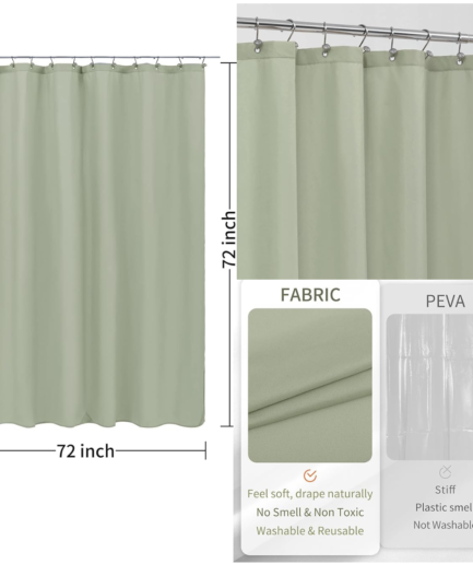 ALYVIA SPRING Sage Green Fabric Shower Curtain Liner - Waterproof, Soft & Light-Weight with Magnets - Standard Size 72x72